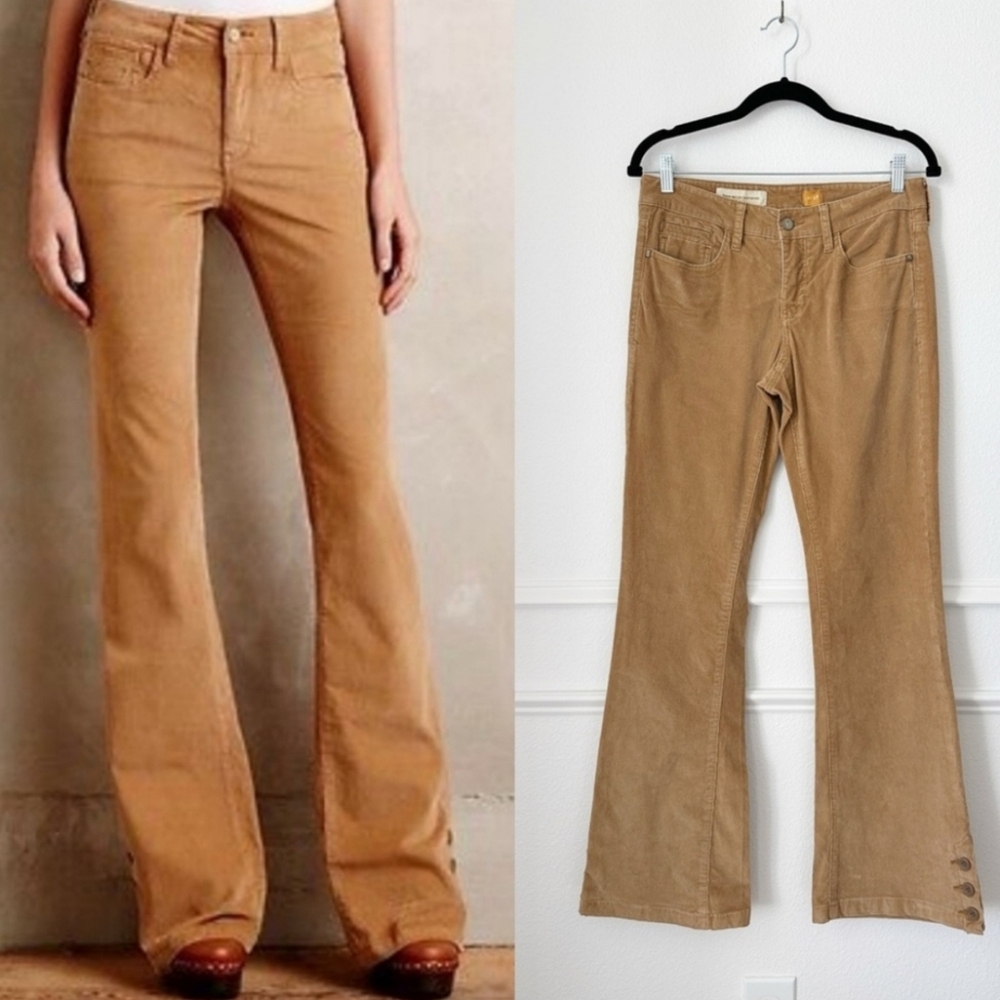 Pilcro Anthropologie Stet Mid-Rise Button Flare Corduroy Jeans in Camel sz 28